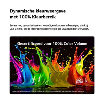 Een LG QNED evo AI QNED86 Mini LED met Dynamic QNED Color Pro vult het scherm met levendige, vloeiende uitbarstingen van veelkleurige, verfachtige bewegingen, waardoor de verbeterde kleurlevendigheid wordt getoond, gecertificeerd voor 100% kleurvolume.